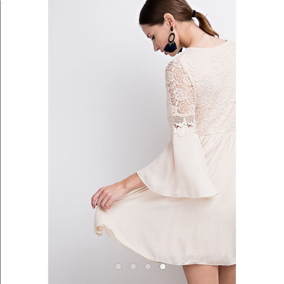 Taupe Textured Lace Bell Sleeve Dress - Picture 3 of 3